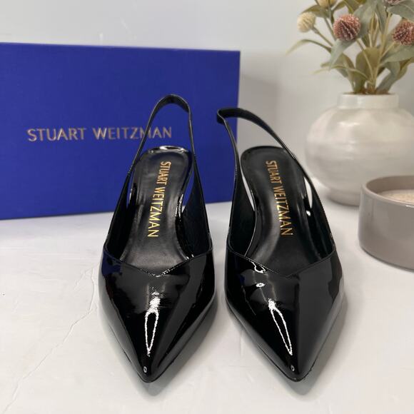 Stuart Weitzman Eva 75 Slingback Patent Leather Pumps Black SG902 Women 8.5B NWB - Picture 2 of 12